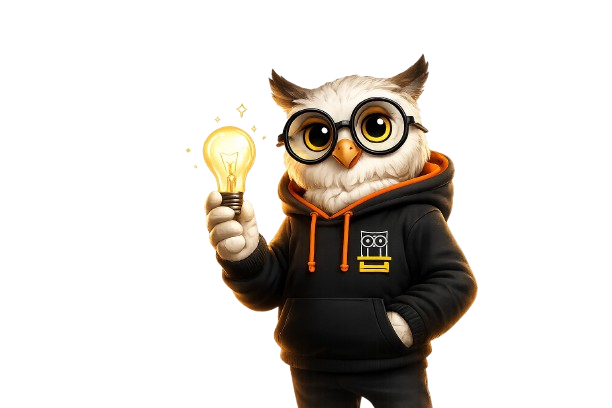 The Floo Owl Mascot holding a glowing light bulb